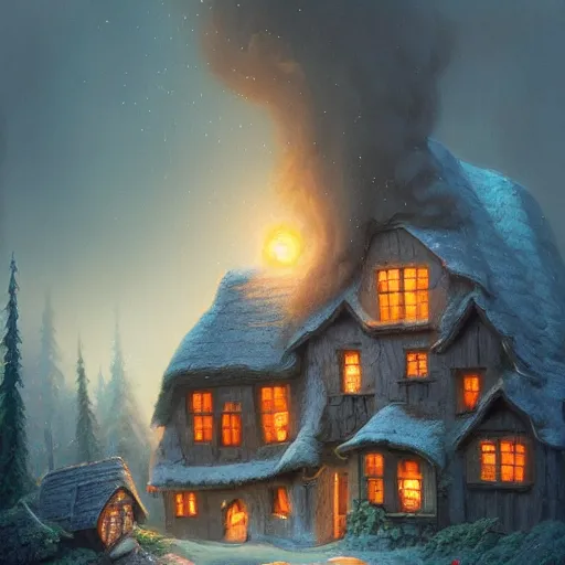 Image similar to a detailed illustration idyllic the house with smoke coming out of the chimney in the forest scene by Justin Gerard, trending on artstation, cgsociety, deviantart