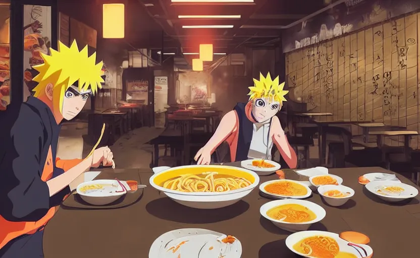 Image similar to Naruto Uzumaki eating ramen at ichiraku ramen shop all alone, anime concept art by Makoto Shinkai, digital art, 4k, trending on pixiv