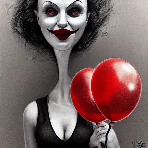 Image similar to surrealism grunge cartoon portrait sketch of natalie portman with a wide smile and a red balloon by - michael karcz, loony toons style, pennywise style, horror theme, detailed, elegant, intricate