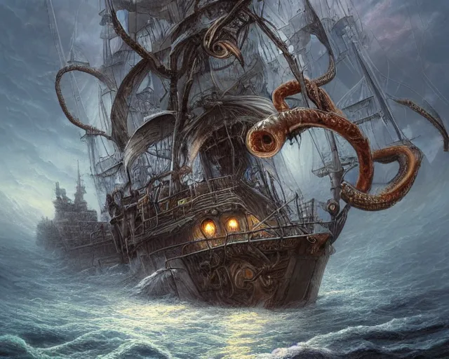 Prompt: death is swallowed up in victory, very detailed and beautiful face, artwork by artgerm, skeletons on a pirate ship, sail made of human skin, giant tentacle breaching the water, wide angle, full body, fantasy, highly detailed, digital painting, artstation, smooth, sharp focus, art by thomas kinkade and stephan martiniere and kevin swartz