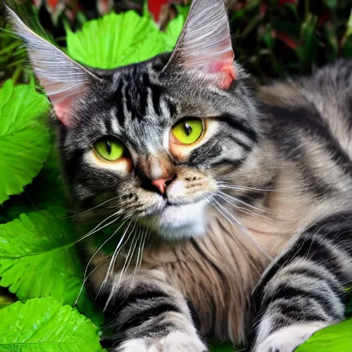 Image similar to a maincoon cat among big green leaves, realistic, very detailed,