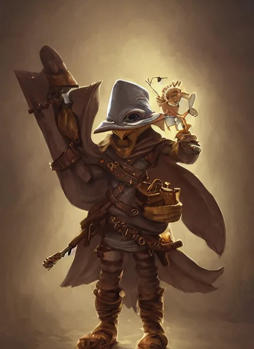 Image similar to cute little anthropomorphic rockfowl bandit wearing Karrus's shroud, tiny, small, miniature animal, baby animal, short, pale black armor, cute and adorable, pretty, beautiful, DnD character art portrait, matte fantasy painting, DeviantArt Artstation, by Jason Felix by Steve Argyle by Tyler Jacobson by Peter Mohrbacher, cinematic lighting