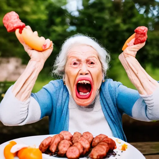 Image similar to elderly woman screaming at a sausage, canon eos r 3, f / 1. 4, iso 2 0 0, 1 / 1 6 0 s, 8 k, raw, unedited, symmetrical balance, wide angle