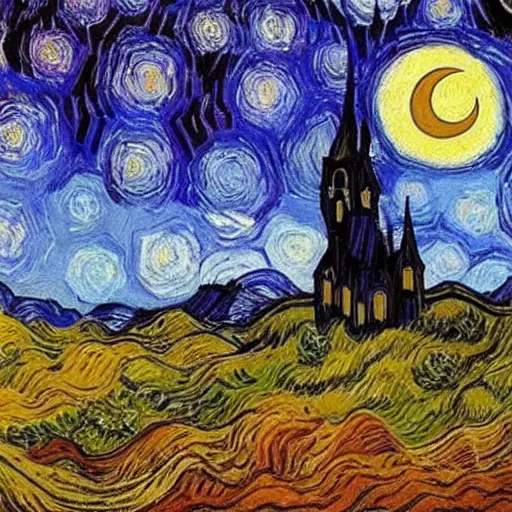 Image similar to beautiful gothic castle landscape in the style of Vincent Van gogh