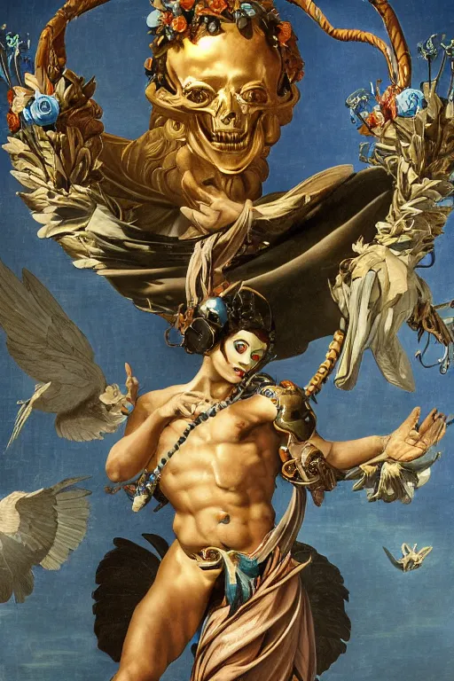 Image similar to a young handsome Spanish metal android with a large glowing battery in the center of his chest in a full-body bronze cyberpunk style statue of Icarus with glowing blue eyes, crown of peach roses, flowing teal-colored silk, fabric, flowers. baroque elements, human skull. full-length view. baroque element. intricate artwork by caravaggio. many many birds birds on background. Trending on artstation, octane render, cinematic lighting from the right, hyper realism, octane render, 8k, depth of field, 3D