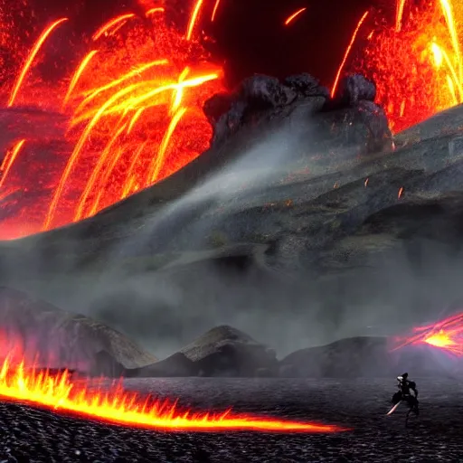 Image similar to epic battle between two wizards, lava in the background, cinematic, establishing shot