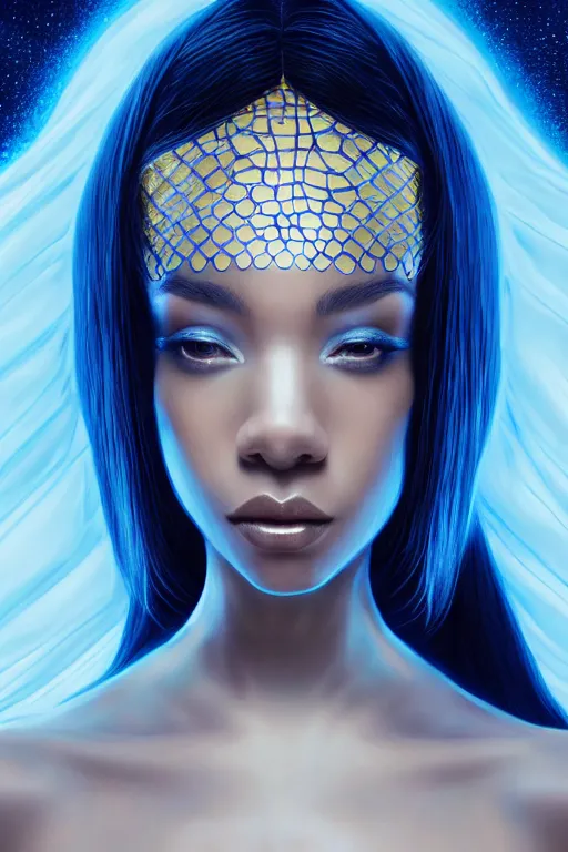 Image similar to detailed portrait glam black hair girl with light skin, intricate, futuristic, elegant cape, elegant, alien room background, white, blue, gold, photorealism, trending on artstation, holy halo, art by moebius and vitaly bulgarov and chanthara