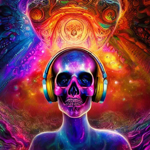 Image similar to portrait of a fantasycore glitchcore deformed skull wearing headphones. intricate abstract. intricate artwork. celestial. prismatic, by josephine wall, pixar, ghibli. octane render, CGSociety very coherent symmetrical artwork. cinematic, hyper realism, high detail, octane render, 8k, holographic accents