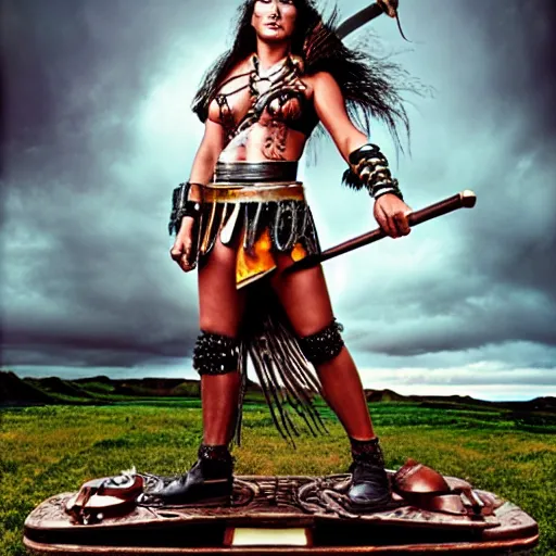 Image similar to Maori warrior princess on ancient steam punk hooverboard, storm outside by david LaChapelle