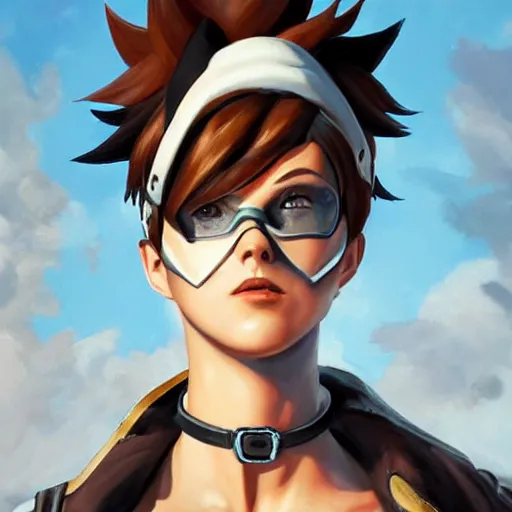 Prompt: oil painting of tracer overwatch in a field wearing spiked collar around neck, in style of greg rutkowski, expressive face, wearing choker, steel collar, steel choker, wearing collar on neck, detailed face, detailed eyes, full body, feminine face, tracer overwatch,