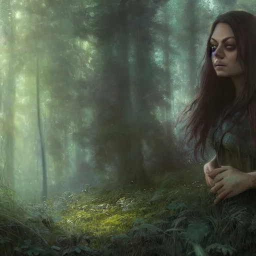 Image similar to a beautiful closeup portrait of mila kunis, magical forest background, serene colors, dramatic light, gorgeous view, depth, high detail, digital art, painted by seb mckinnon and greg rutkowski, trending on artstation