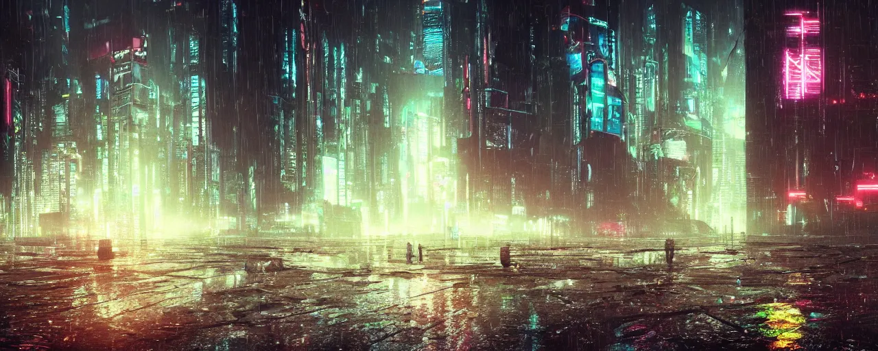 Prompt: cyberpunk landscape, synth, rainy, overcast, puddles