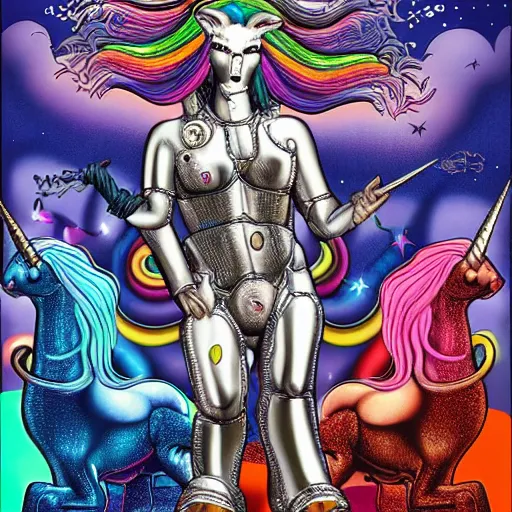 Image similar to heavy metal unicorn by h. r. giger and lisa frank