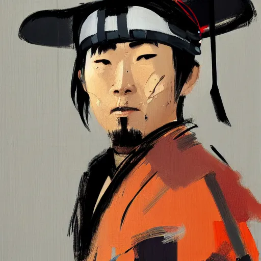 Image similar to ashley wood portrait painting of, a samurai, with mouseketeer hat on, as overwatch character, medium shot, asymmetrical, profile picture, organic painting, dramatic lighting, matte painting, bold shapes, hard edges, 6 0 s french movie poster, french impressionism, palette knife and brush strokes, dutch angle, by huang guangjian and gil elvgren and sachin teng