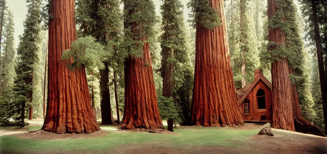 Image similar to house built into and inside a single giant sequoia. color photograph by jerry uelsmann. fujinon premista 1 9 - 4 5 mm t 2. 9. portra 8 0 0.