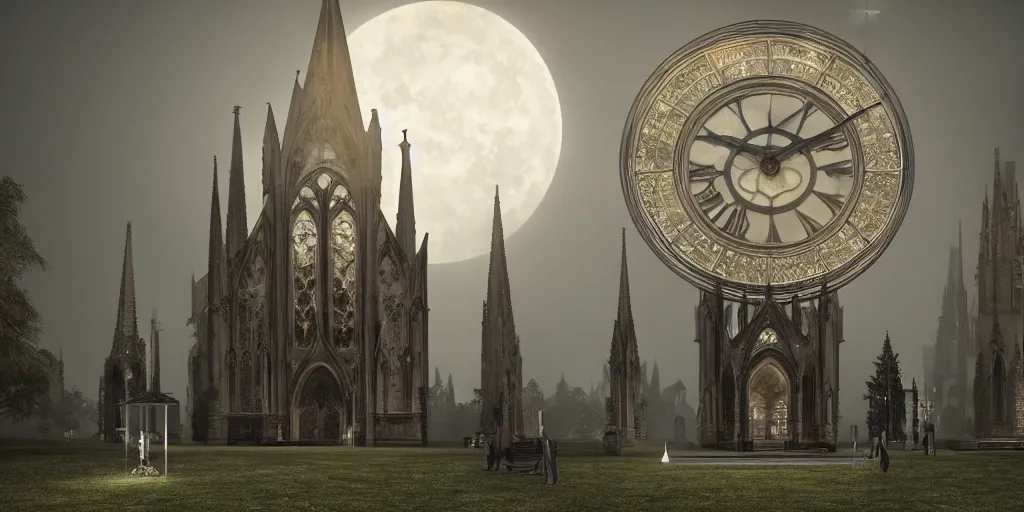Prompt: a huge delicate metal Sundial in the moonlight, Behind the tall and delicate gothic church at night, with ghosts floating in the foreground, light through the mist, dramatic lighting, photorealistic, cinematic lighting, high detail, cinematic feel, high octane, 4K, Unreal Engine, digital render, intricate, ultra realistic