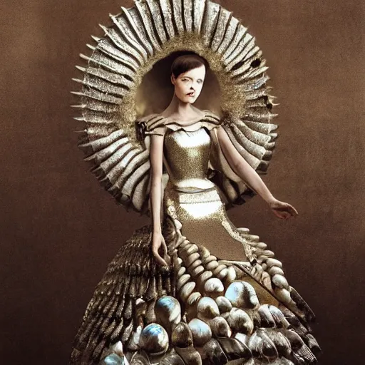 Image similar to medium shot of a woman wearing an armor made of shimmering mother of pearl shells. coherent face. soft. fragile. by ray caesar. by louise dahl - wolfe. by anna claren. surreal photography