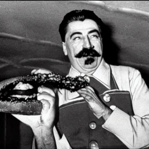 Image similar to stalin smashes burger with his fist