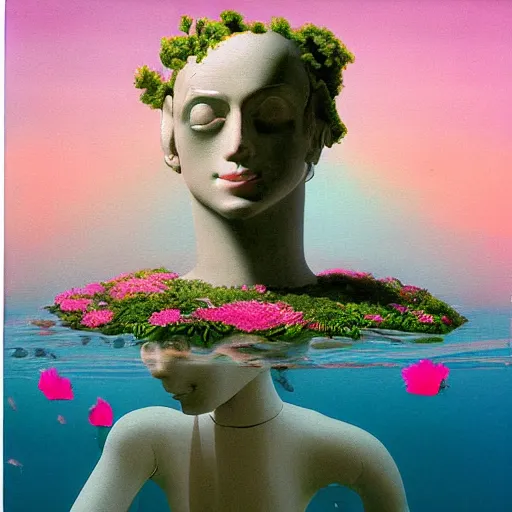 Image similar to a surreal vaporwave vaporwave vaporwave vaporwave vaporwave painting by Thomas Cole of an old pink mannequin head with flowers growing out, sinking underwater, highly detailed, caustics, sunrays, 8k hyperdetails