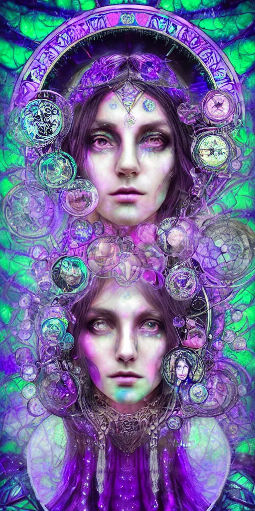 Prompt: fullview portrait of an ethereal gypsy woman crying with detailed eyes, glowing face, purple smoke, crystal ball, half moon, photorealistic, colorful dress, in the style of ruan jia and karol bak, holographic undertones, art nouveau, zodiac wheel stained glass forest, intricate, smooth, sharp focus, dramatic lighting, illustration, hdr, artgerm