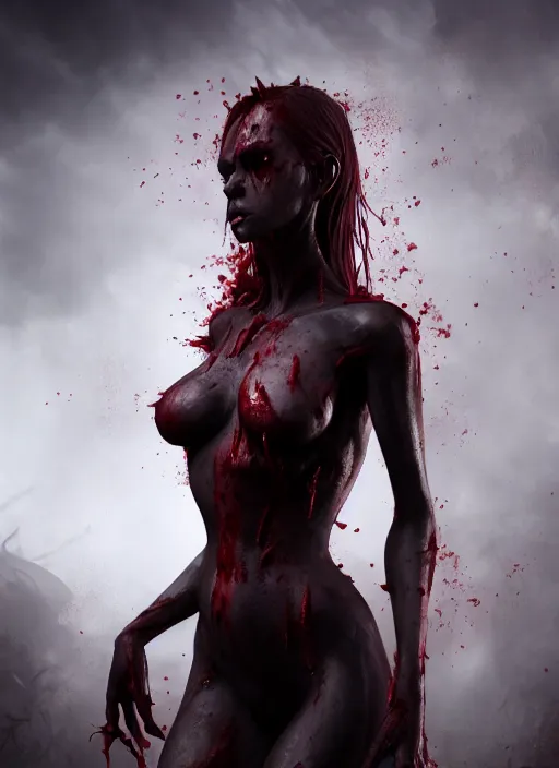 Image similar to full body portrait, vampire queen, blood, highly detailed, CGsociety, subtle, concept art, HDR, hyper realistic, volumetric lighting, subsurface scattering, unreal