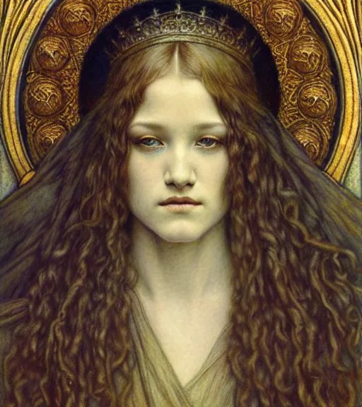 Image similar to detailed realistic beautiful young medieval queen face portrait by jean delville, gustave dore and marco mazzoni, art nouveau, symbolist, visionary, gothic, pre - raphaelite. horizontal symmetry