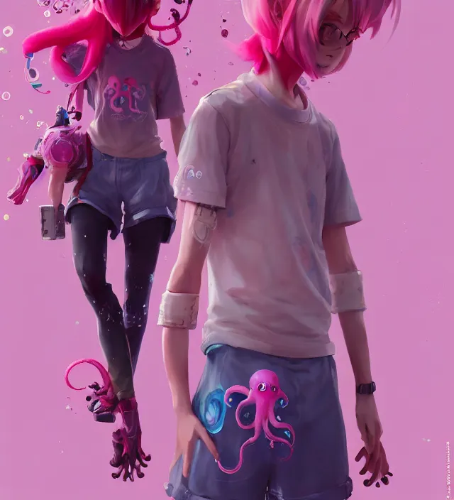 Prompt: a beautiful fullbody portrait of a cute splatoon anime boy with pink tentacle hair wearing tshirt leggings under shorts. character design by cory loftis, fenghua zhong, ryohei hase, ismail inceoglu and ruan jia. artstation, volumetric light, detailed, photorealistic, fantasy, rendered in octane