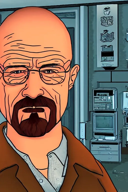 Image similar to a cutscene from the breaking bad video game game developed for the philips cd - i by philips interactive media, portrait of walter white, screenshot detailed