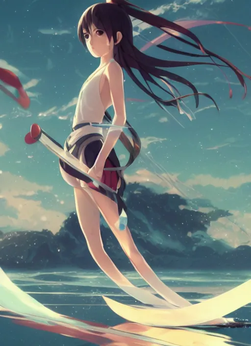 Prompt: anime girl with a katana walking on water, ripples, saturn in the background, low angled, illustration, concept art, anime, key visual, trending pixiv fanbox by wlop and greg rutkowski and makoto shinkai and studio ghibli