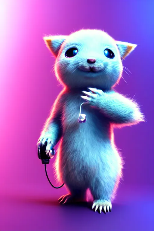 Image similar to high quality 3 d render neo - cyberpunk very cute half fluffy! wombat!! half cyborg with futuristic headphones, pastel mechanical! paw, cyberpunk monocle!, highly detailed, unreal engine cinematic smooth, in the style of detective pikachu, hannah yata charlie immer, neon purple light, low angle, uhd 8 k, sharp focus