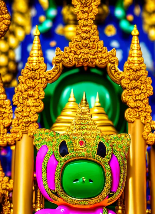 Image similar to emerald buddha temple with hello kitty theme, high lights, 4 k, high detailed photography, 5 0 mm lens, depth of field, cinematic