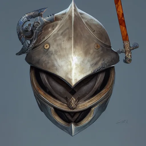 Image similar to a helmet with a sword in it, hyperdetailed, artstation, cgsociety, 8 k