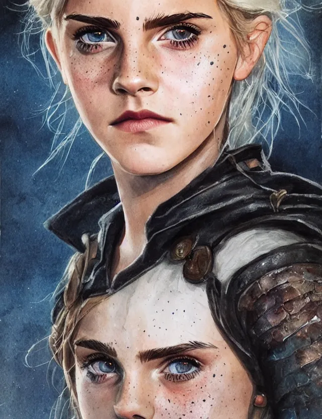 Image similar to portrait of a young emma watson as ciri from the witcher 3, beautiful eyes, aquarelle, realistic painting, freckles, 1 / 4 headshot