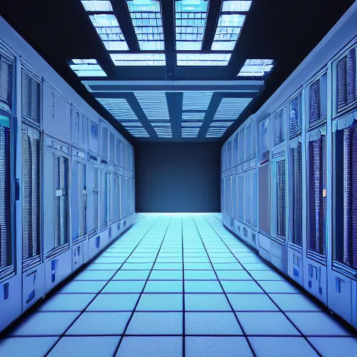 Prompt: hyperrealism detailed photography scene by stanley kubrick of highly detailed stylish detailed data center in 2 0 7 7 in josan gonzalez, gragory crewdson and katsuhiro otomo, mike winkelmann style with many details by josan gonzalez by laurie greasley, hyperrealism photo on dsmc 3 system, volumetric blue led light, rendered in blender
