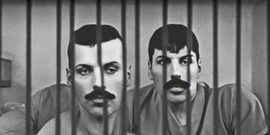 Prompt: freddie mercury sits behind bars in a russian prison, black and white photo, realism, 3 5 mm, prisoners in the background, good lighting