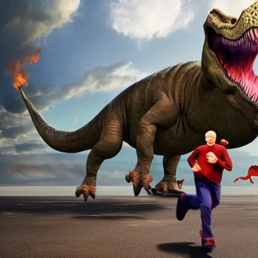 Image similar to huge dinosaur breathing fire being chased by an old man running in pajamas carrying a rolled up newspaper