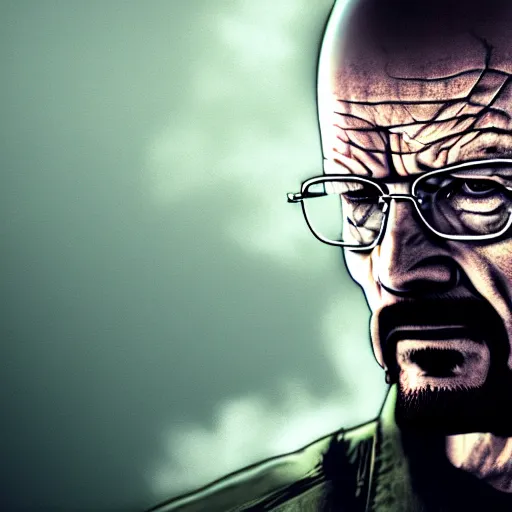 Image similar to walter white wearing an eyepatch and dressed as solid snake from metal gear, 4 k, hyper realistic, dslr, high resolution, landscape, beautiful