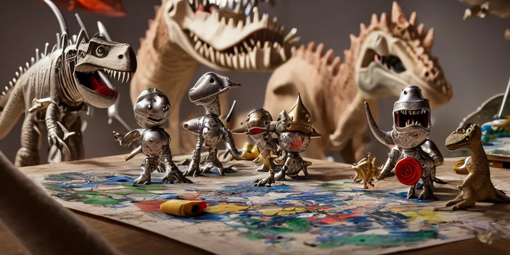 Image similar to closeup portrait of tin toy knights riding dinosaurs fighting on white paper table in an artist workshop, depth of field, zeiss lens, detailed, centered, fashion photoshoot, by nicoletta ceccoli, mark ryden, lostfish, breathtaking, 8 k resolution, extremely detailed, beautiful, establishing shot, artistic, hyperrealistic, octane render