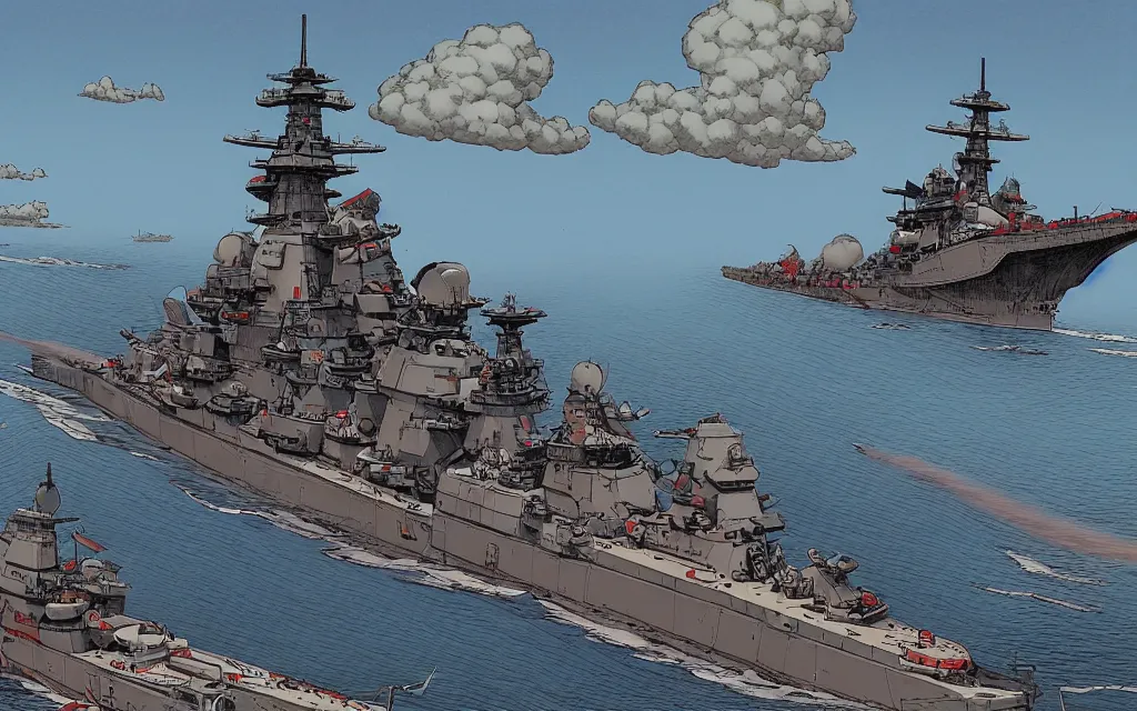 Image similar to japanese battleship yamato flying between the clouds, in the style of james jean and laurie greasley, dynamic composition, dramatic lighting, ultra detailed