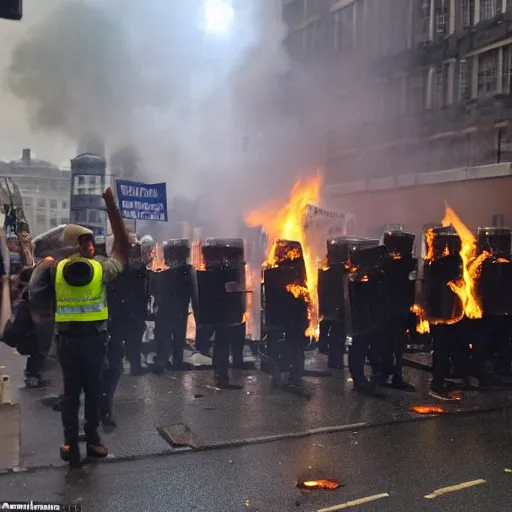 Prompt: a strong british protesters in london the weather is raining some of the protesters are burning down building