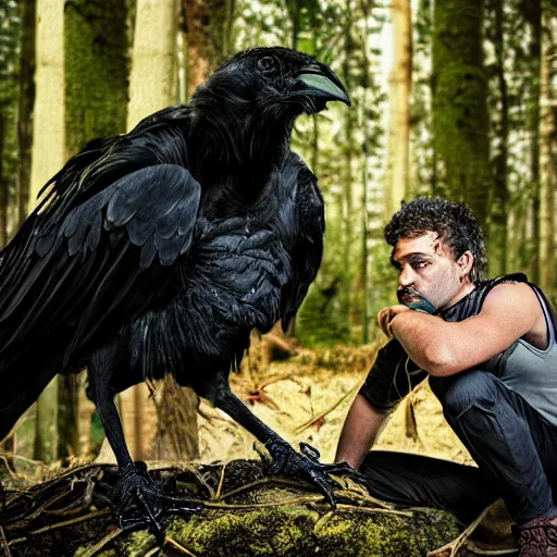 Image similar to !!! chimera consisting of male human and crow, photograph captured in a forest