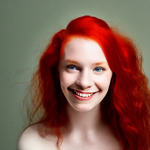 Prompt: artistic photo of a young beautiful woman with red hair and green eyes looking at the camera, smiling slightly, studio lighting, award winning photo by Annie Liebowitz