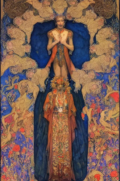 Image similar to coronation of the flower prince, by Annie Swynnerton and Nicholas Roerich, embroidered brocade, tattoos, elaborate costume, geometric ornament, symbolist, rich colors, dramatic lighting, smooth, sharp focus, extremely detailed