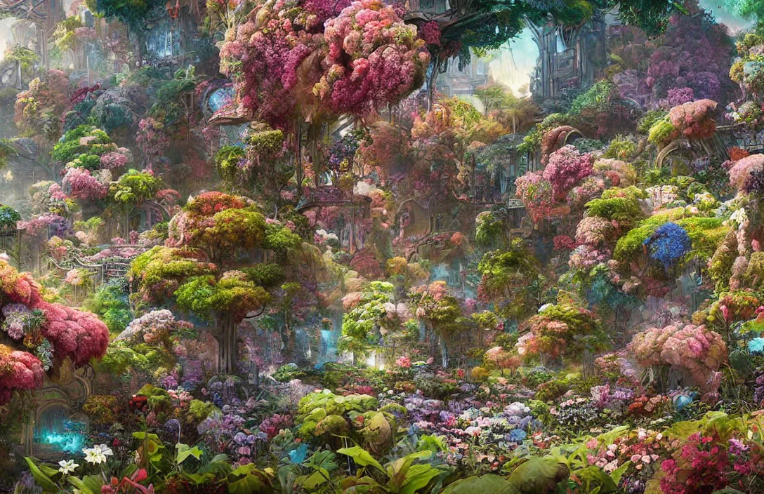 Prompt: a painting of a garden with flowers and plants, a detailed matte painting by android jones, cgsociety, psychedelic art, detailed painting, greeble, biomorphic