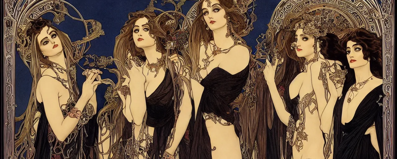 Prompt: stunning exotic art nouveau portrait of the three fates as beautiful mythological heavy metal sisters of the night by chris achilleos, michael kaluta and alphonse mucha, photorealism, extremely hyperdetailed, perfect symmetrical facial features, perfect anatomy, ornate intricate declotage, spikes, confident expression, wry smile, eldritch powers, witchcraft