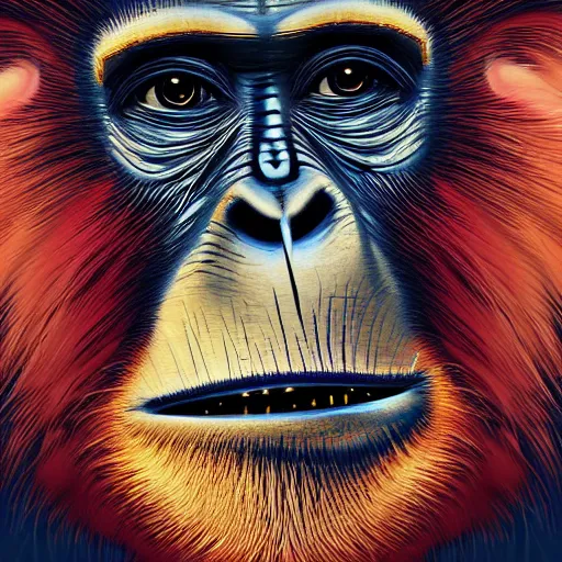 Image similar to modern art abstract portrait of an ape monkey, futuristic style, visible brush strokes, very abstract