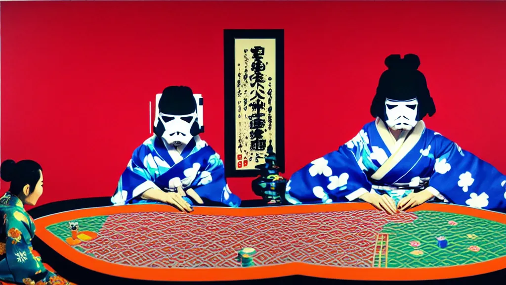 Prompt: woman in a japanese kimono sitting at an extremely detailed poker table with the startrooper, fireworks and stars on the background, by andy warhol, by roy liechtestein, canvas, acrylic paint, cool color palette, 4 k, ultra - hd