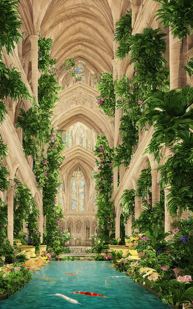 Image similar to grand cathedral interior with koi pond in the middle surrounded by palm trees, ivy, flowers, tropical plants, roses, and with archways, rendered in octane render with photorealistic lighting, cinematic, horizontal symmetry