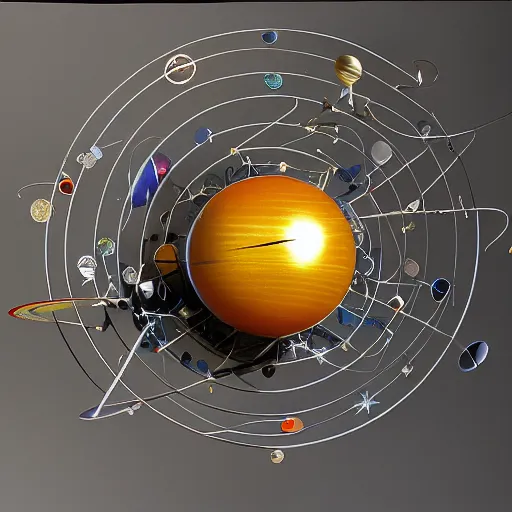 Image similar to a kinetic sculpture of this solar system, sun, orrery, canon 5 d 5 0 mm lens, papier - mache, studio, 1 9 8 7