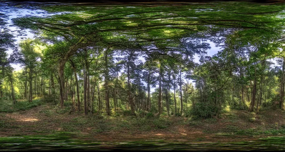 Image similar to A panoramic 360 landscape photo of beautiful forest pathway scenery. PROMPT, XF IQ4, 150MP, 50mm, f/1.4, ISO 200, 1/160s, natural light, Adobe Photoshop, Adobe Lightroom, DxO Photolab, Corel PaintShop Pro, rule of thirds, symmetrical balance, depth layering, polarizing filter, Sense of Depth, AI enhanced